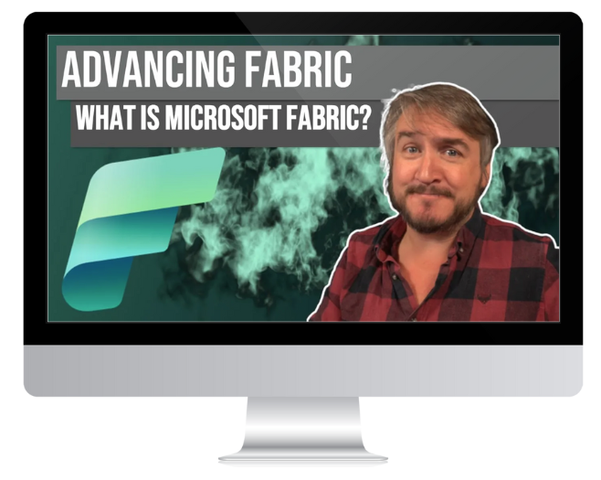 Man on screen with text - what is Microsoft Fabric?